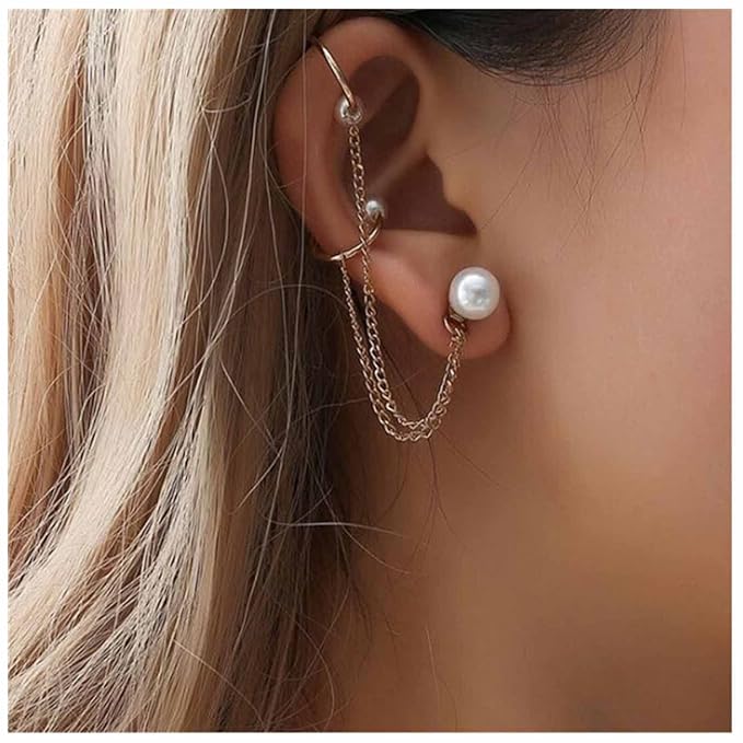 Vintage Pearl Cuff Chain Earrings Gold