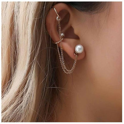 Vintage Pearl Cuff Chain Earrings Gold