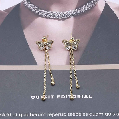 Vintage Crystal Butterfly Stud Earrings Gold Long Chain