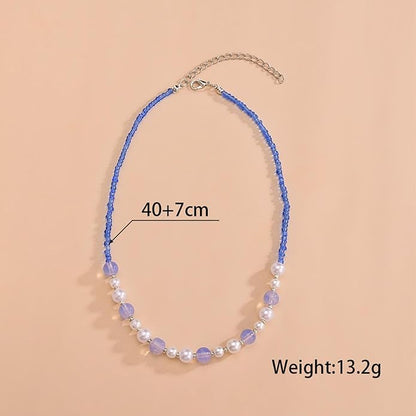 Boho Pearl Choker Necklace Vintage Blue