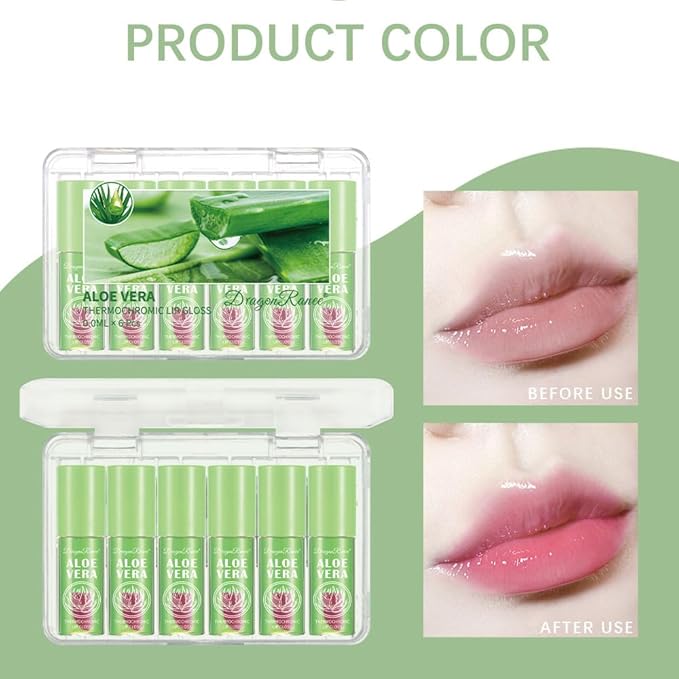 6 Pcs Aloe Vera Color Changing Lip Oil, Hydrating Plumping Lip Glow Oil, Magic Color Changing Lip Gloss,Long Lasting Tinted Lip Balm Temperature Color Change Lip Tint Glossly Makeup Set for Women