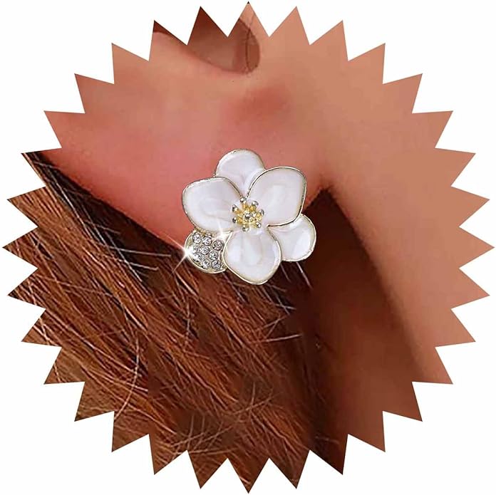 Vintage Enamel Flower Stud Earrings Camellia