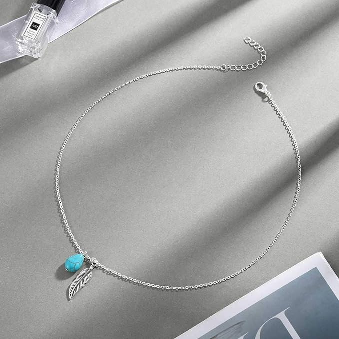 Boho Turquoise Necklaces Silver Feather Pendant Necklace Chain