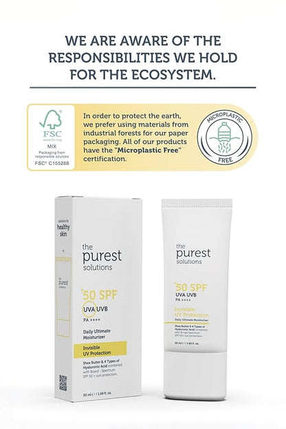 The Purest Solutions Invisible UV Protection (Daily Intensive Moisturizer SPF 50+) - Hyaluronic Acid & Shea Butter for Daily Hydration - Sunscreen - Anti-Aging Care - All Skin Types (1.69 fl. oz)