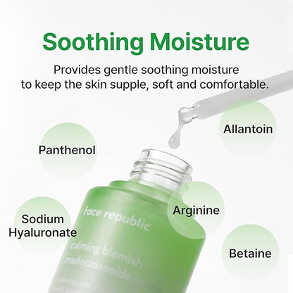 Face Republic Calming Blemish Madecassoside Serum 45ml 1.52 fl oz | Lightweight | Calming, Soothing | Madecassoside, Tea Tree, Centella Asiatica | For irritated skin | Vegan Korean Skin Care