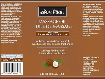 Bon Vital' Coconut Massage Oil with 100% Pure Fractionated Coconut Oil to Repair Dry Skin, Used by Massage Therapists and At-Home Use for Therapeutic Massages and Relaxation, 8 Oz, Label may Vary
