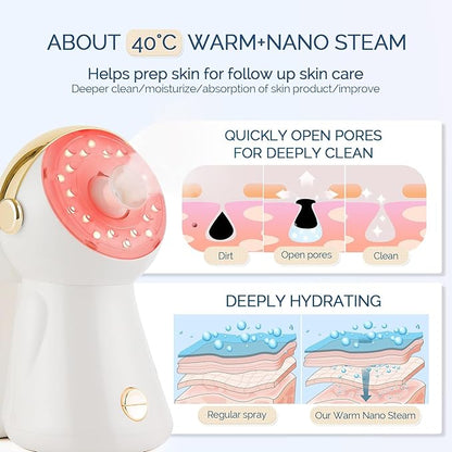 Facial Steamer,with 7 Colors Led Light,Face Steamer for Facial Deep Cleaning,Warm Mist Nano Ionic Steamer for face,Steam Humidifier,Facial Steamers Home Facial spa, Gift for Women（Gold with Light）