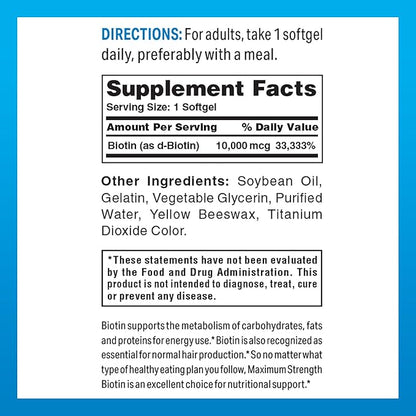Vitamin World Ultra Mega Biotin 10,000 mcg. 50 Softgels, Vitamin B, Supports Healthy Hair, Skin and Nails, Rapid-release, Gluten Free