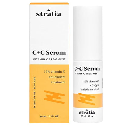 Stratia C+C Vitamin C Serum – 15% Potent Formula with 10% L-Ascorbic Acid for Bright, Even-Toned Skin - Non-Irritating, Water-Free Antioxidant Face Cream, 1 Fl Oz