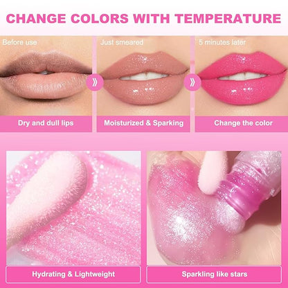 2 PCS Color Changing Lip Oil,Moisturizing Color Changing Lip Gloss,Non-sticky Nourishing Repairing Primer Lip Tint
