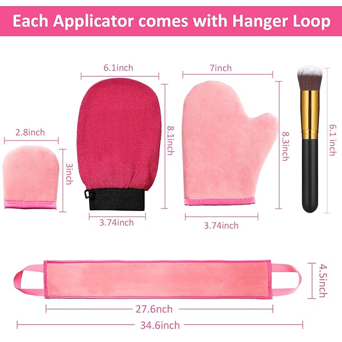 5 Pieces Self Tanning Mitt Applicator Kit, Includes Exfoliating Glove, Tanning Mitt, Mini Face Mitt, Back Lotion Applicator with Self Tanner Brush Large Flat Top Makeup Brush (Pink)