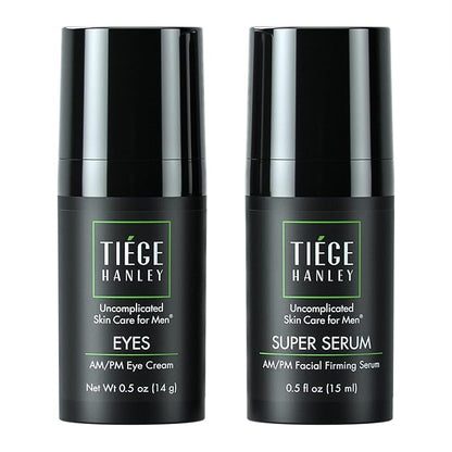 Tiege Hanley Morning and Night Facial Firming Serum (SUPER SERUM) and Eye Cream (EYES) for Men | Anti-Aging Pack | Sodium Hyaluronate and Retinyl Palmitate for Tighter, Smoother Skin | Caffeine to Fight Dark Circles | 0.5 ounces each