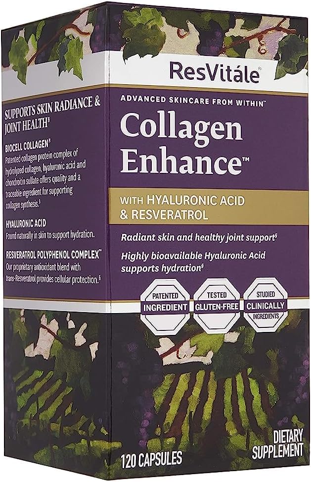 ResVitále Collagen Enhance - Beauty Supplement with Hyaluronic Acid & Resveratrol - 60 Capsules