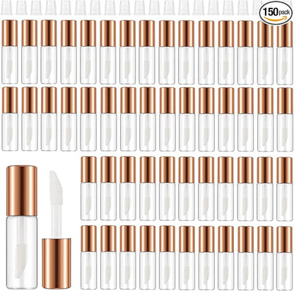 Jinei 150 Pcs Clear Empty Lip Balm Bottles 1.2ml Mini Lip Gloss Tubes, Refillable Lipstick Containers Transparent Plastic Clear Lipstick Tubes for Girl Women DIY Makeup Lip Sample Travel (Rose Gold)