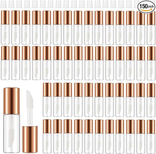 Jinei 150 Pcs Clear Empty Lip Balm Bottles 1.2ml Mini Lip Gloss Tubes, Refillable Lipstick Containers Transparent Plastic Clear Lipstick Tubes for Girl Women DIY Makeup Lip Sample Travel (Rose Gold)