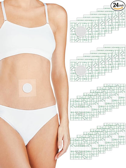 24Pcs Disposable Castor Oil Belly Button Patches PU Film, Self-Adhesive Castor Oil Pack Wraps with Organic Cotton Pad for Belly Button Cover, Water-Resistant, Anti Leakage, 3.1 x 3.1 Inch