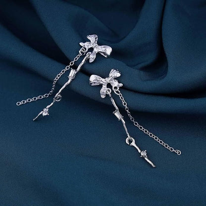 Vintage Bow Crystal Drop Earrings Silver