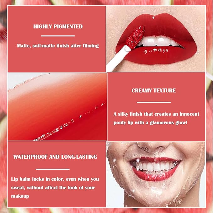 Sulily 6 Colors Lip Gloss,korean Waterproof Lip Tint Stain Moisturizing Natural Mini Liquid Lipstick,Multi-use Lip and Cheek Tint,Non-Stick Cup, High Pigment Long-Lasting lip stain,Watermelon