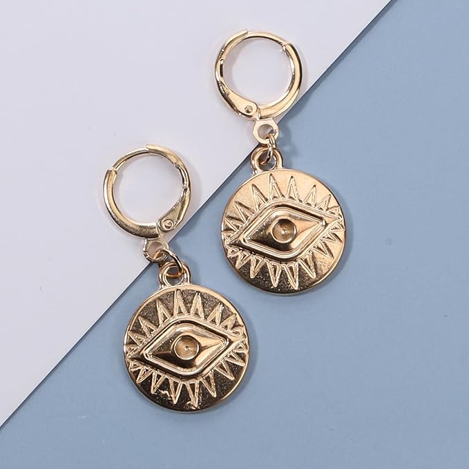 Evil Eye Coin Earrings Gold Disc Drop Earrings