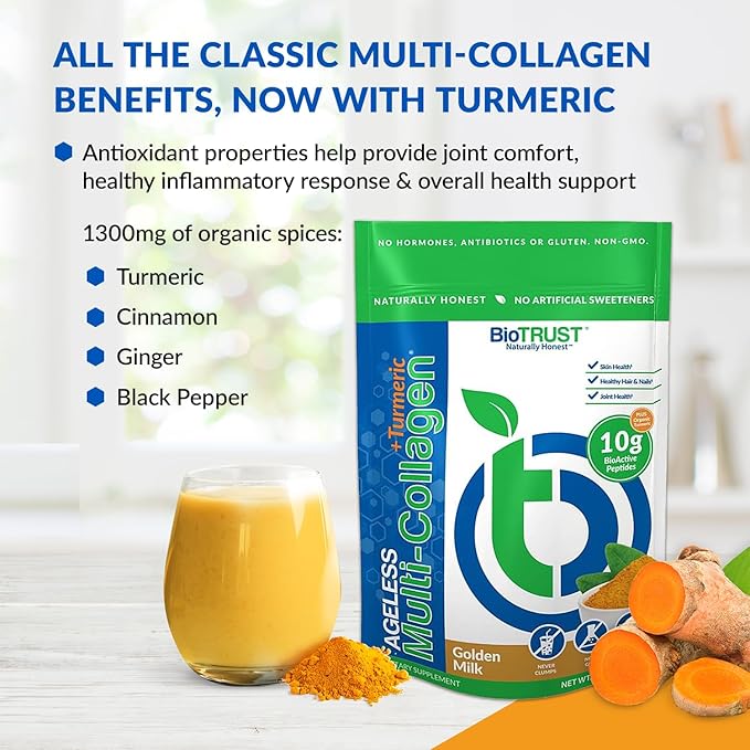 BioTrust Collagen Powder with Turmeric – 5 Types (I, II, III, V, X) – Turmeric Collagen Powder for Women & Men – Hydrolyzed Protein – Grass Fed Beef, Fish, Chicken, Eggshell Membrane (Golden Milk)