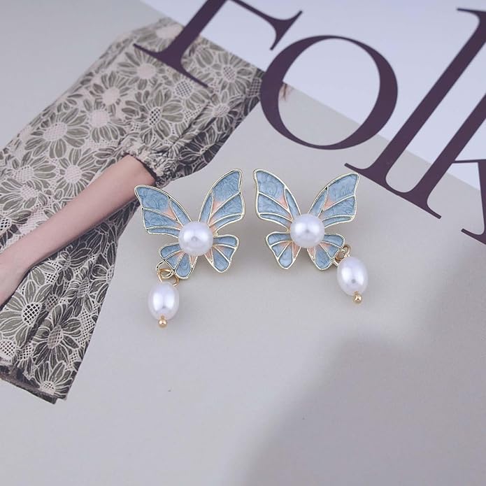 Boho Acrylic Butterfly Pearl Drop Earrings