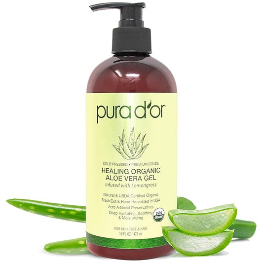 PURA D'OR 16 Oz ORGANIC Aloe Vera Gel - Lemongrass - All Natural - ZERO Artificial Preservatives - Deeply Hydrating & Moisturizing - Sunburn, Bug Bites, Rashes, Small Cuts, Eczema Relief - Skin & Hair