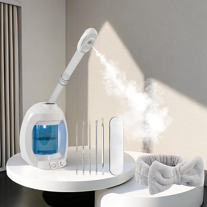 Facial Steamer-Face Steamer for Facial Deep Cleaning, Vaporizador Facial for Esthetician and Nano Ionic Hot Steam for Face, Professional Facial Steamer with a Headband and Acne Needle Set.(Blue)