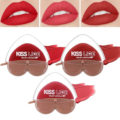 Deep Ruby Rose Red Burgundy Matte Velvet Lipstick for Women-3 Colors Long-Wear Non-Stick Cup Heart Shape Lazy Lipstick Set, Waterproof High Pigmented 24 Hours Lip Stick Makeup for Lazy People -Set 2