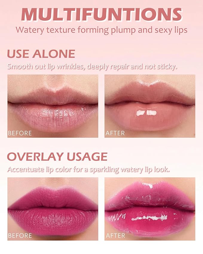 Clear Glitter Lip Gloss Lip Plumper, Hydrating Lip Glow Oil Plumping Lip Oil Gloss, Long Lasting Moisturizing Nude Pink Tinted Jelly Lip Gloss, Shimmer Lipgloss Lip Glaze for Women Girls-03