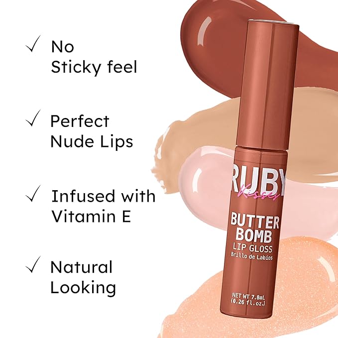 Ruby Kisses Lip Gloss Butter Bomb Gloss Non-Sticky Lip Gloss Vitamin E Natural Nude Lip Makeup - 7.8mL (0.26 US fl.oz) (Snatched)