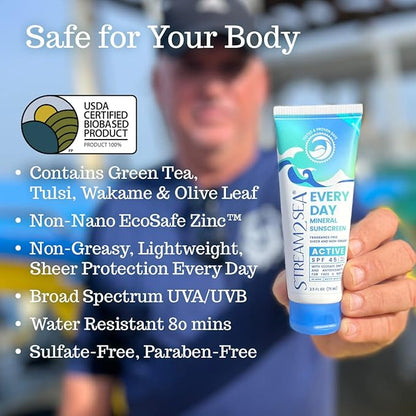 SPF 45 Every Day Active Mineral Sunscreen | 2.5 Fl Oz Biodegradable & Reef Safe Sunscreen for Face & Body | Non-Greasy, Lightweight & Sheer Mineral Protection Against UVA & UVB by Stream2Sea