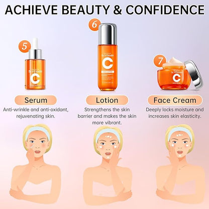 Vitamin C Skincare Set for Teenage Girls, 11-Piece Glow Kit with Facial Cleanser, Toner, Eye Cream, Serum, Lotion, Face Cream & Sheet Masks, Anti-Aging Skin Care Kit for Firming & Moisturizing