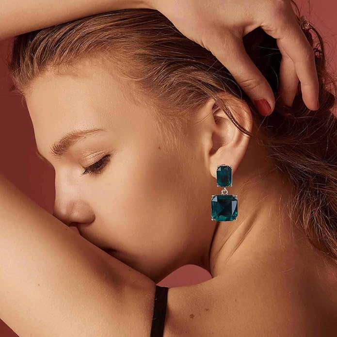 Vintage Emerald Square Earrings Green Emerald Drop Earrings