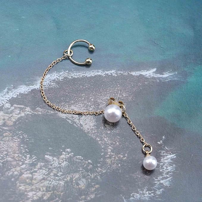 Vintage Pearl Cuff Chain Earrings Gold