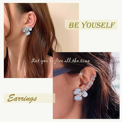Unique Blue Flower Earrings Studs Vintage