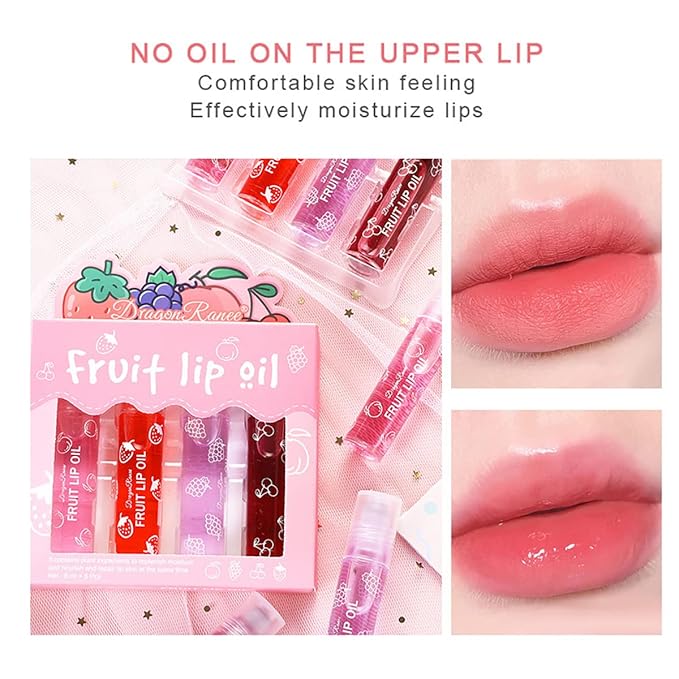 4 Pcs Fruit Roll-on Lip Gloss Set, Clear Lip Gloss Crystal Jelly Liquid Lipstick, Plumping Lip Oil Moisturizing Hydrating Non-Sticky, Nice Gift for Women Girl