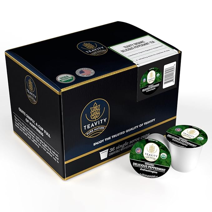 Organic Peppermint Tea Pods for Keurig - Decaf Tea - by Teavity (36 Tea Pods)