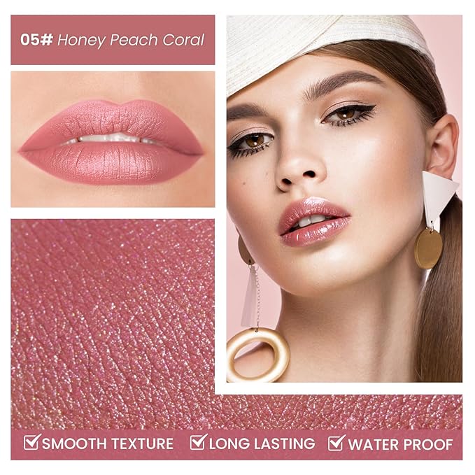 BEAUTY SEARCHER Lipstick, Metallic Shine Finish Lip Balm Glossy Hydrating Nude Velvet Red Long-Lasting Moisturisation Luxury Lip Stick Makeup # 05 Honey Peach Coral