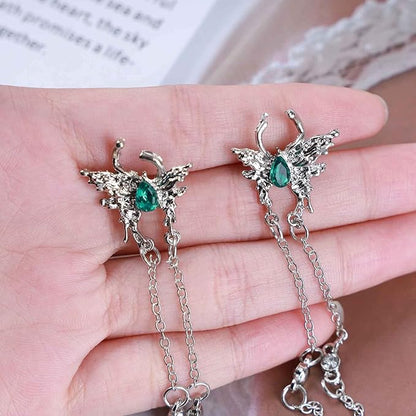 Vintage Emerald Butterfly Earrings Silver Chain Tassel Drop