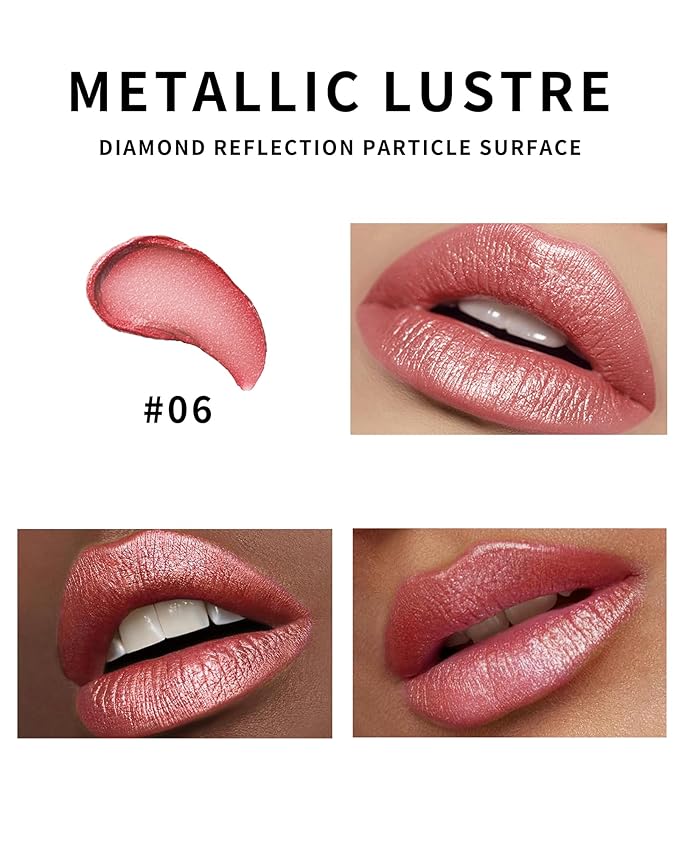 Shimmer Lipstick Long Lasting for Women with Metallic 3D Shine Hydrating Formula, Diamond Nude Glitter Lip Balm Tinted Glossy Lip Gloss High Impact Lip Color Nonstick Full-Coverage Lip Makeup-06