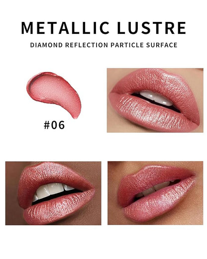 Shimmer Lipstick Long Lasting for Women with Metallic 3D Shine Hydrating Formula, Diamond Nude Glitter Lip Balm Tinted Glossy Lip Gloss High Impact Lip Color Nonstick Full-Coverage Lip Makeup-06