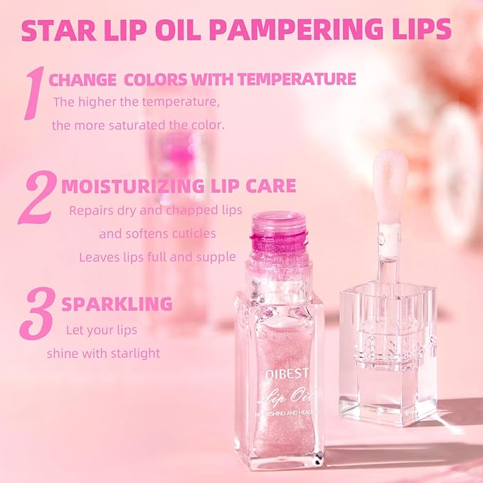 2Pcs Magic Color Changing Lip Oil,Big Brush Hydrating Glimmer Lip Oil,Long Lasting Moisturizing Smooth Non-Sticky Lip Gloss Oil Lip Balm, Fresh Lip Oil Stain Girl's Lip Care