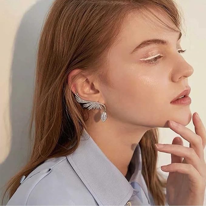 Boho Crystal Angel Wing Earrings Silver