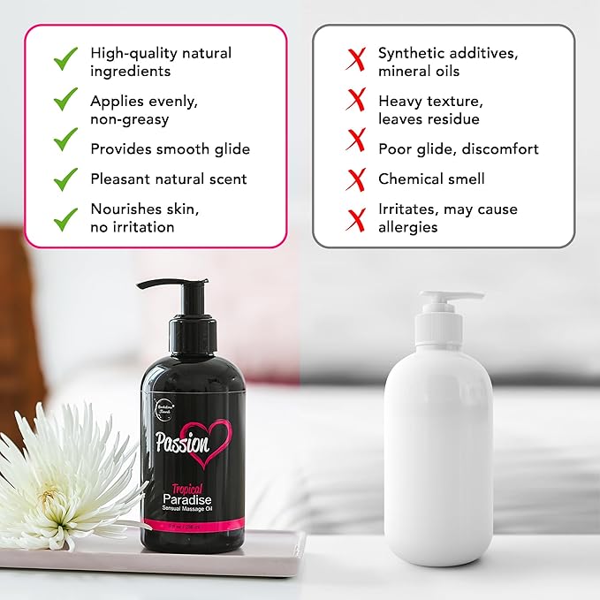 Passion Sensual Massage Oil for Date Night | 100% Natural Body Oil for Couples with Jojoba & Almond | Aromatherapy & Relaxing Massage Therapy | Perfect Glide & Smooth Skin | Tropical Paradise Scent