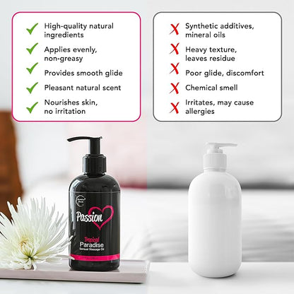 Passion Sensual Massage Oil for Date Night | 100% Natural Body Oil for Couples with Jojoba & Almond | Aromatherapy & Relaxing Massage Therapy | Perfect Glide & Smooth Skin | Tropical Paradise Scent