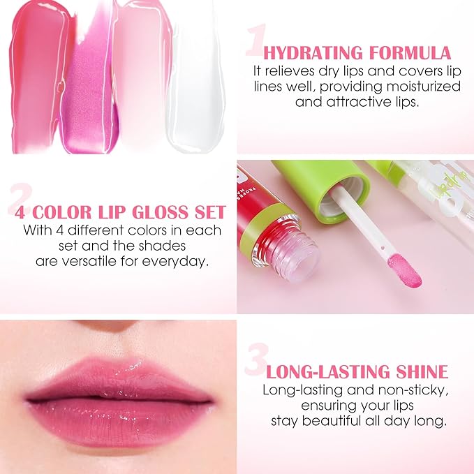 Boobeen 4PCS Lip Gloss Set, Moisturizing Hydrating Lip Oil Tinted Set, Lightweight Non-Sticky Lip Gloss Creates Glossy Lips, High Shine Lip Plumping Lipstick for Women and Girls