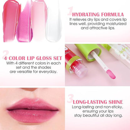 Boobeen 4PCS Lip Gloss Set, Moisturizing Hydrating Lip Oil Tinted Set, Lightweight Non-Sticky Lip Gloss Creates Glossy Lips, High Shine Lip Plumping Lipstick for Women and Girls