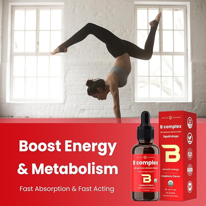 USDA Organic Vitamin B Complex Liquid Drops | B Vitamins Complex Supplement with B1, B2, B3, B6, B7, B9 & Methyl B12 Drops for Adults & Kids | Vegan Berry Flavor 2oz | 60 Servings / 2 Month Supply