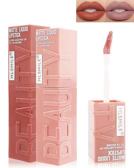 Matte Liquid Lipstick Lipgloss Set-2Pcs Long Lasting Lip Gloss Waterproof Lip Stain Tint, Highly Pigmented Nude Pink Red Super Velvet Lipstick, Non-Stick Cup Lip Color Stay,Christmas Makeup Gift-01+02