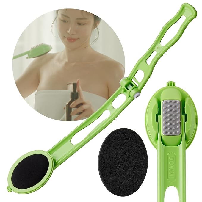 Body Oil Applicator (2nd gen) - 19" Foldable Long Curved Handle, with Replaceable Brush Head, Spill Prevention Non-Toxic Washable Foam Pad – Perfect for Tanning and Body Oils, Includes 2 Pads